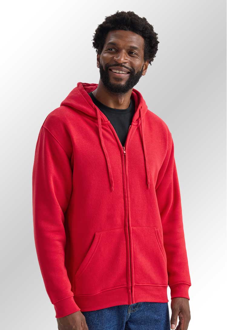 Model wearing the UC504 Classic Full Zip Hooded Sweatshirt in Red