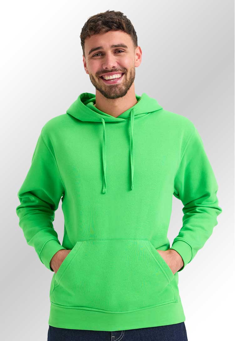 Model wearing a UC509 Deluxe Hooded Sweatshirt in Lime