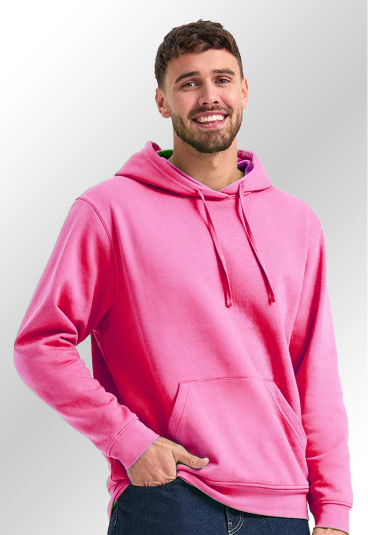 Model wearing a UC509 Deluxe Hooded Sweatshirt in Candy Floss