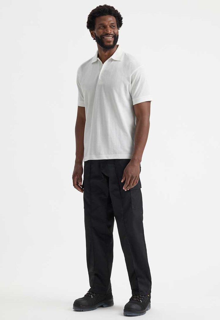 full length model wearing Ultimate Cotton Polo Shirt  in white