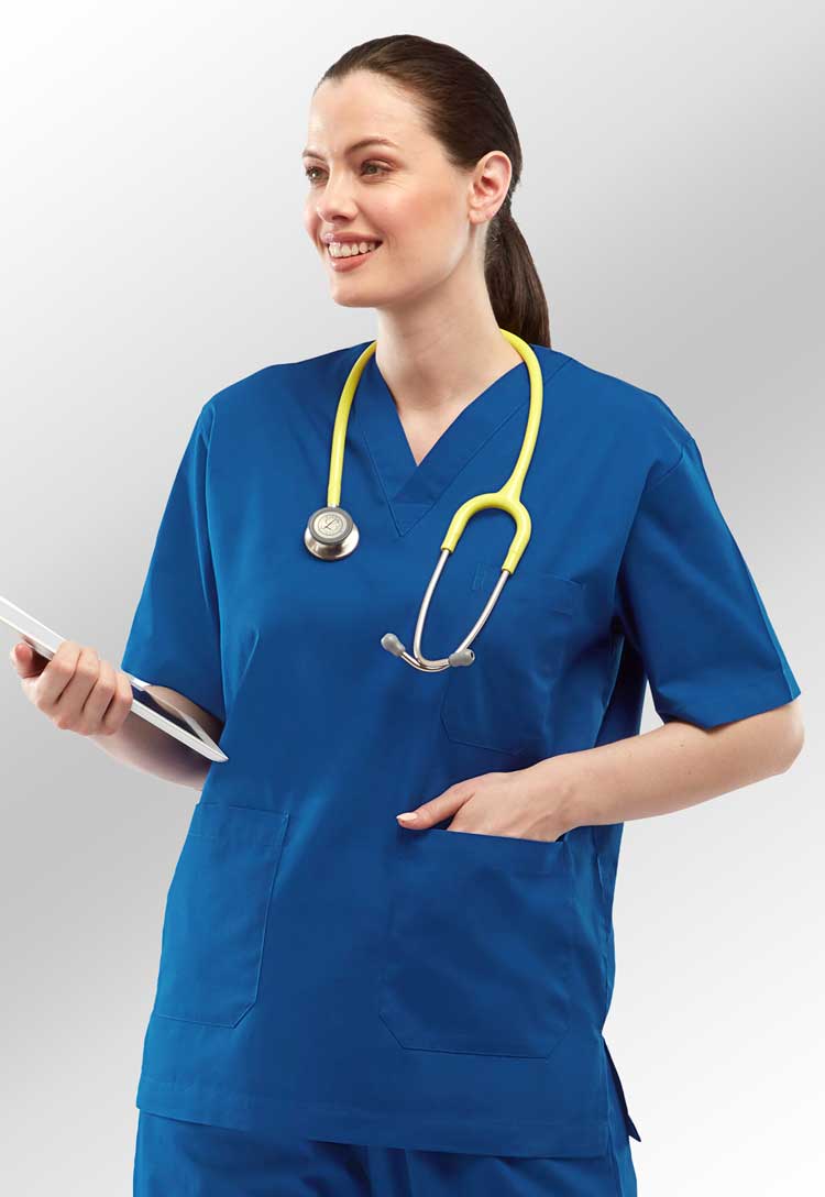 Model Wearing Scrub Tunic UC921 in Hospital Blue