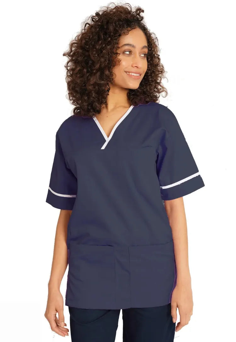 Model wearing the navy Unisex Contrast Trim Scrub Top NSTT