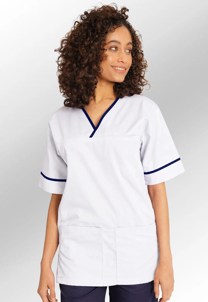 Unisex White Contrast Trim Scrub Top NSTT - The Work Uniform Company