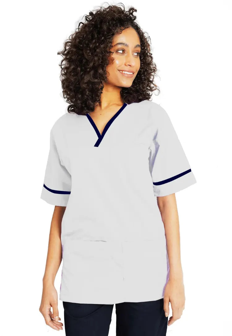 Model wearing the Unisex White Contrast Trim Scrub Top