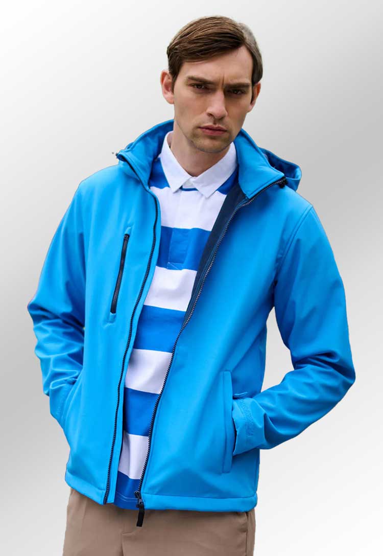 Model Wearing Regatta Venturer 3-Layer Hooded Softshell Jacket RG152 in French Blue/Navy