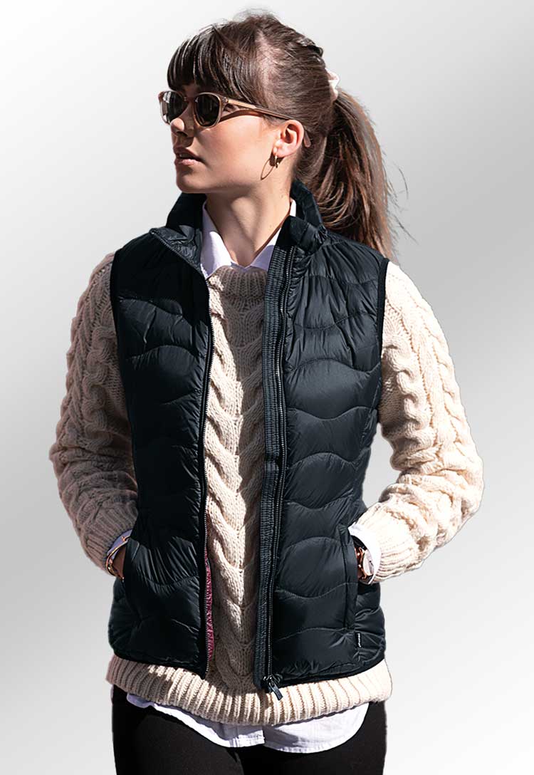 Model Wearing Women’s Vermont Versatile Down Gilet NB79F in Black