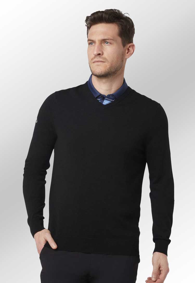 Ribbed V-Neck Merino Golfing Sweater CW076 in Black Onyx