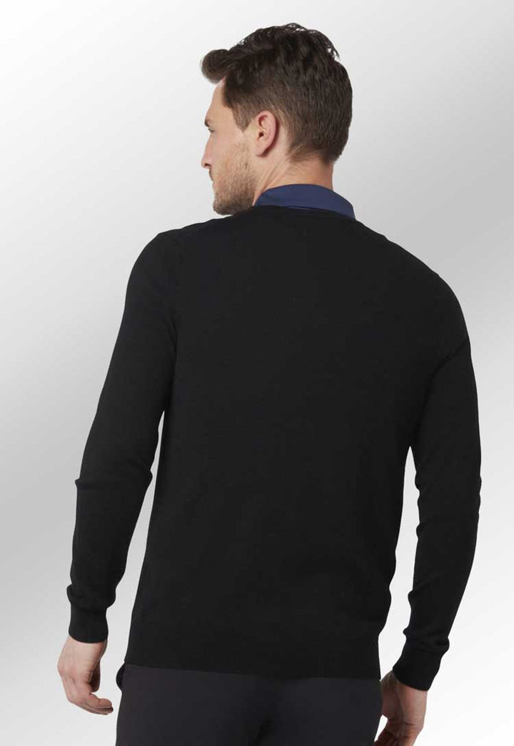 Ribbed V-Neck Merino Golfing Sweater CW076 in Black Onyx Rear view 