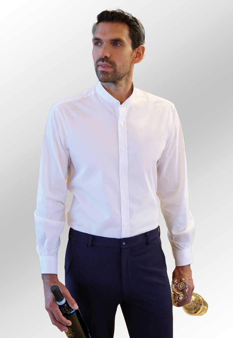 Model wearing Volterra Slim Fit Grandad Collar Shirt 4571 in white