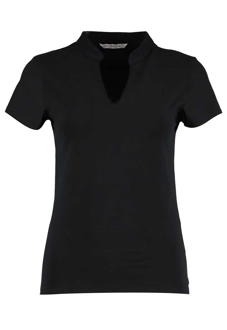 Women's Corporate Short-Sleeved Top V-Neck Mandarin Collar KK770 in Black