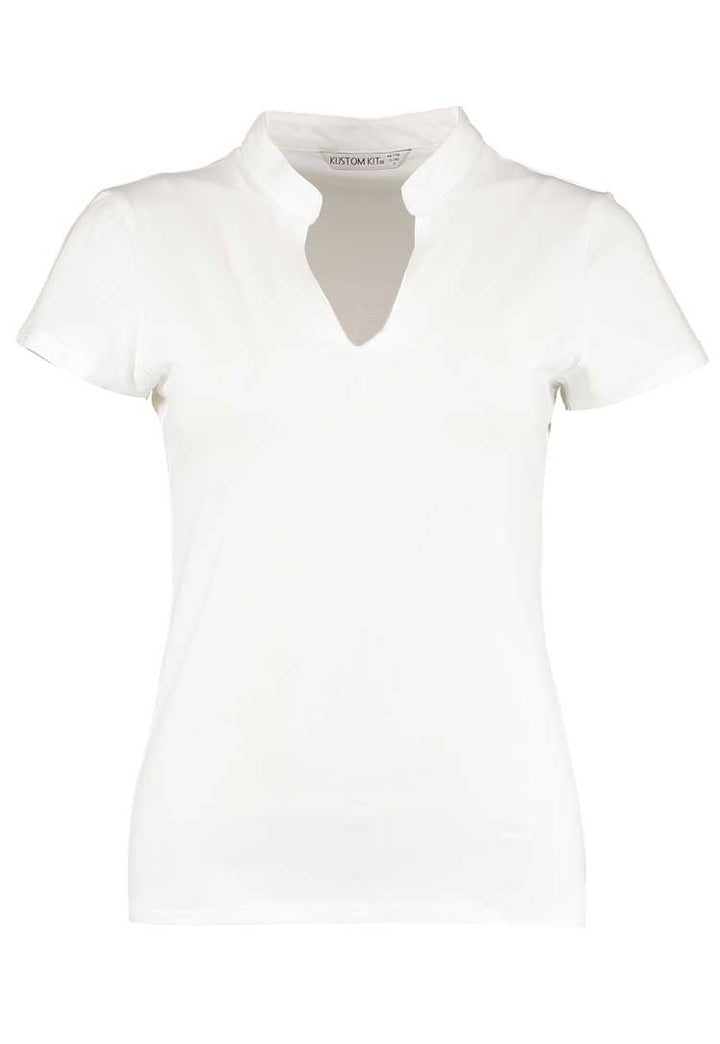 Women's Corporate Short-Sleeved Top V-Neck Mandarin Collar KK770 in White