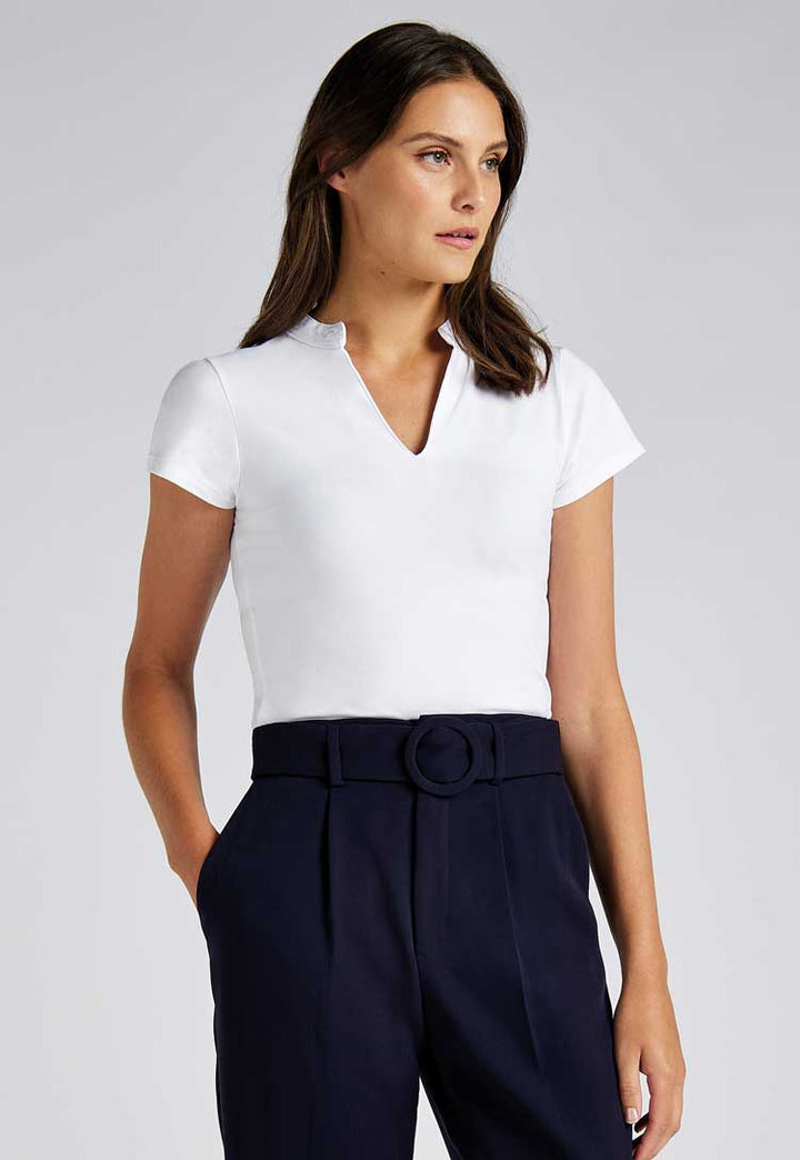 Model Wearing Women's Corporate Short-Sleeved Top V-Neck Mandarin Collar KK770 in White