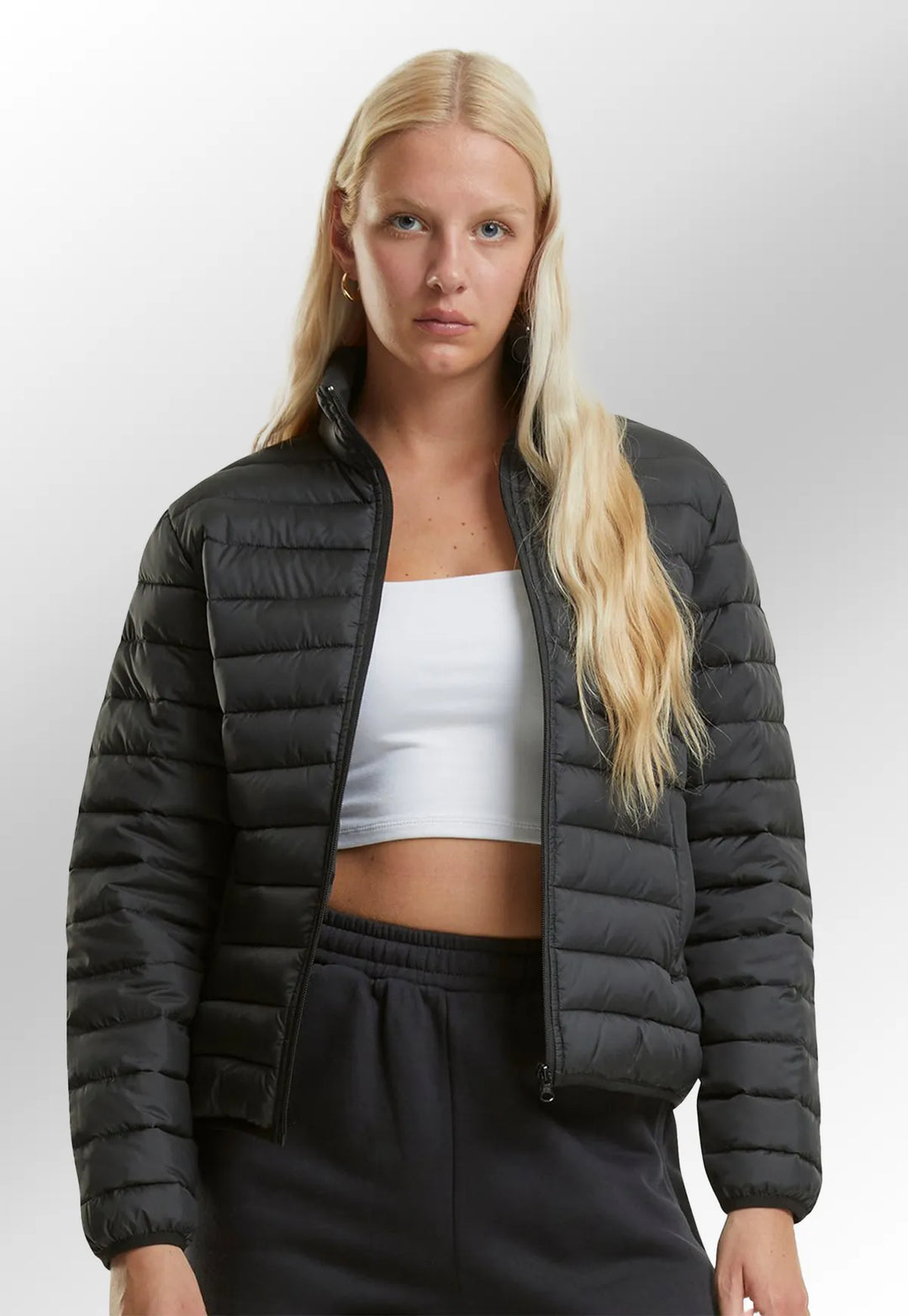 model wearing Women’s Light Puffer Jacket NM030 black