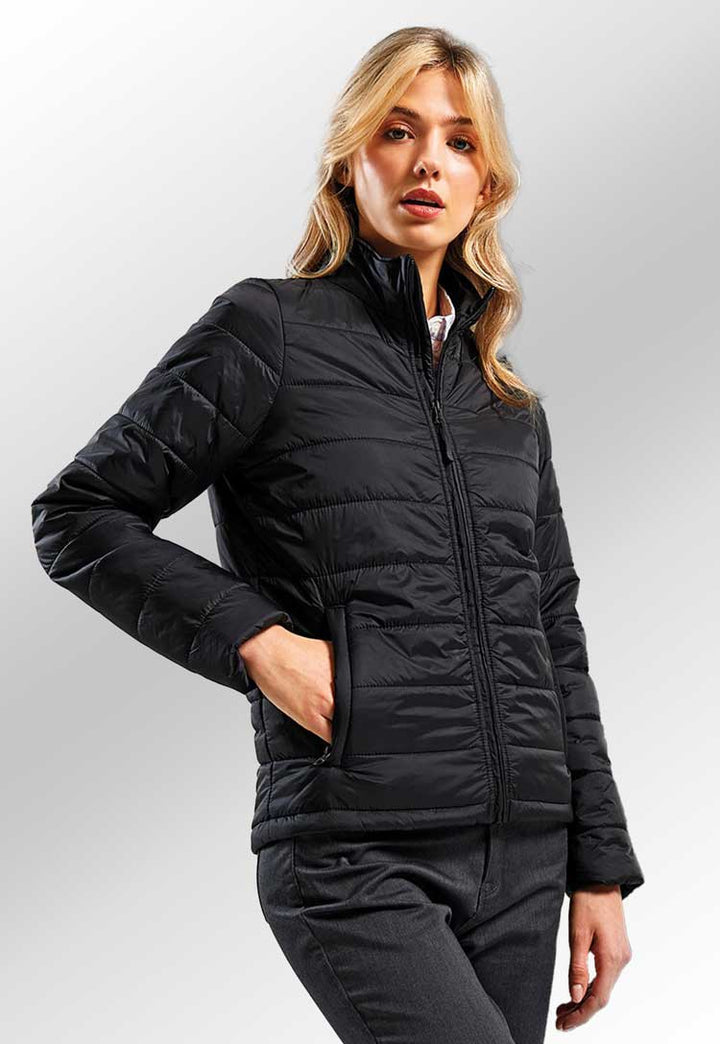 Model wearing Women’s ‘Recyclight’ Padded Jacket PR819 in black