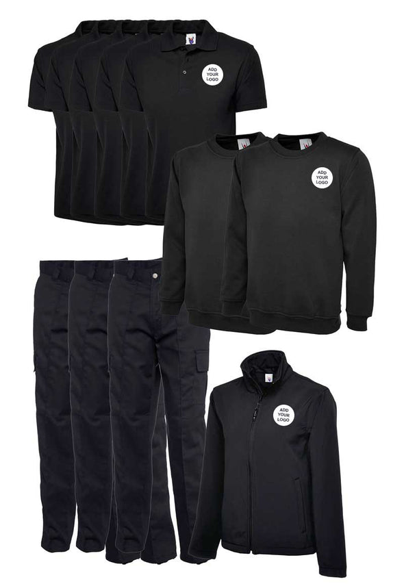 Branded Workwear Bundle Deal - 5 Polo Shirts, 2 Sweatshirts, 1 Softshell Jacket & 3 Cargo Trousers with Logo Set Up & Embroidery Application