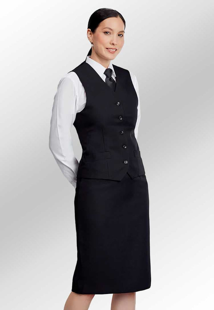 Model Wearing Hospitality Ladies Skirt in Black