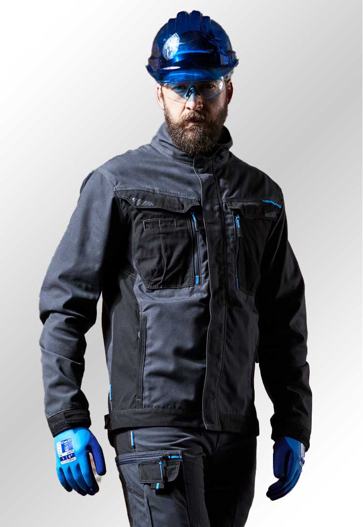 Model Wearing WX3 Work Jacket T703 in Metal Grey