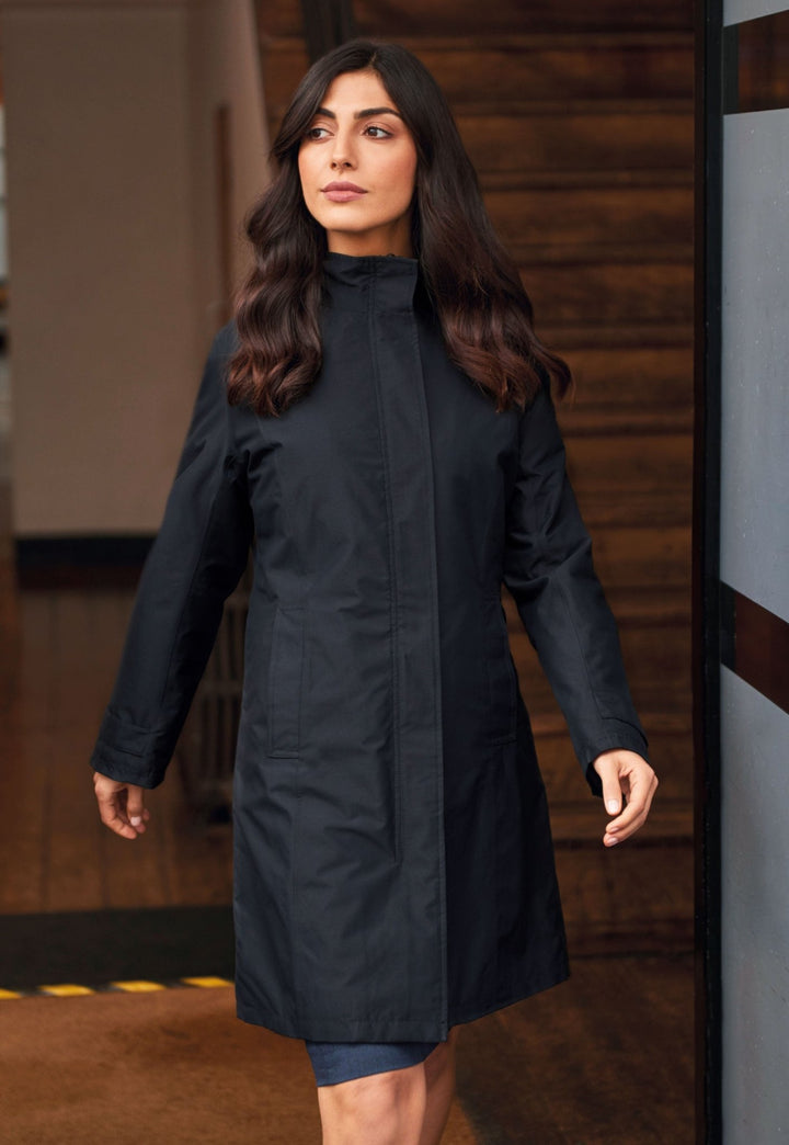 Model Wearing Women's Washington Raincoat 2346 in Black