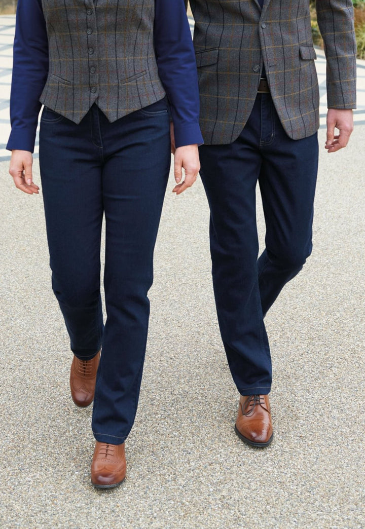 Models Wearing Rochelle Slim Leg Jean 2374 in Indigo Paired with Waistcoat and Suit Jacket