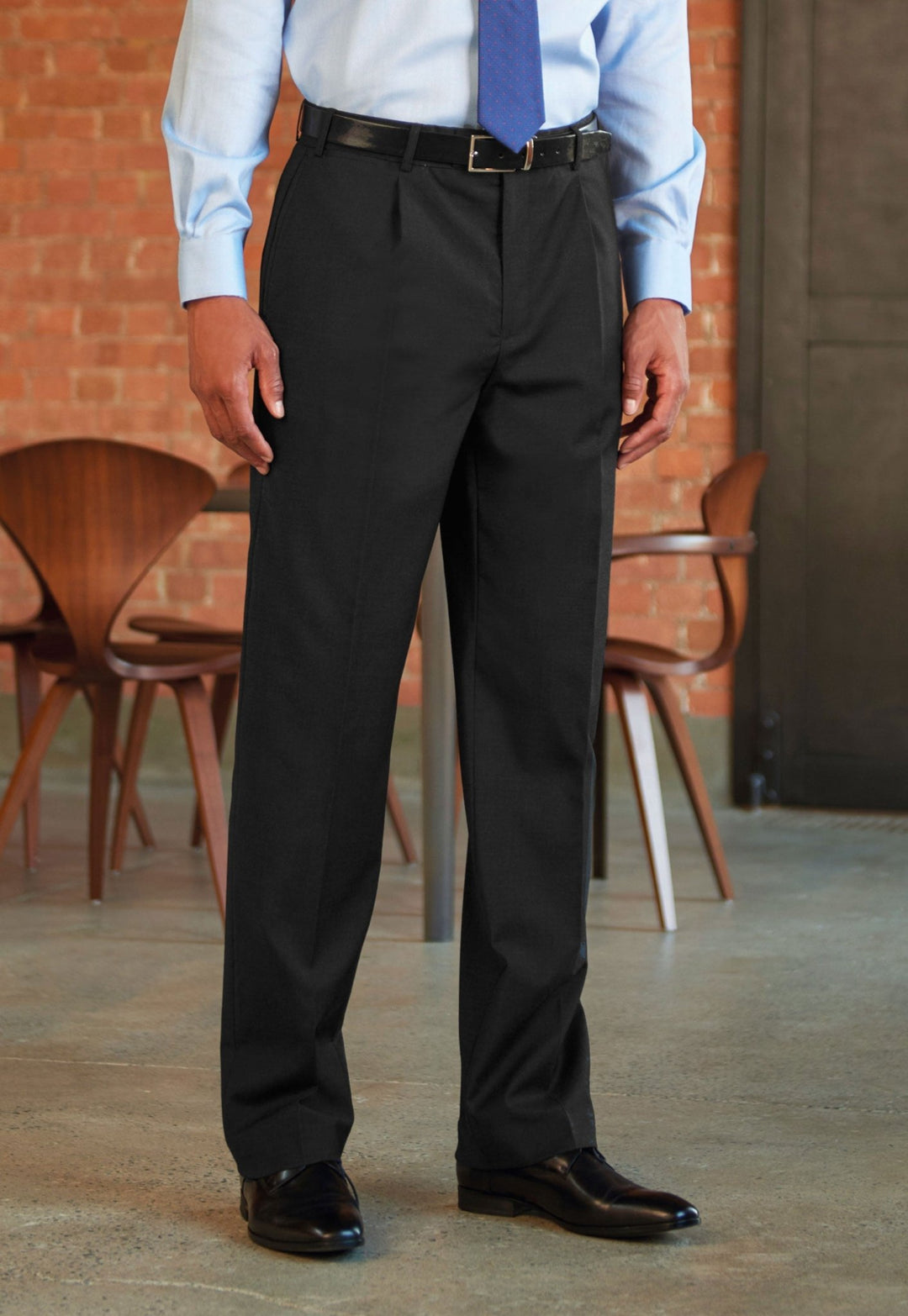 Model Wearing Imola Men's Single Pleat Trousers 8314 in Black