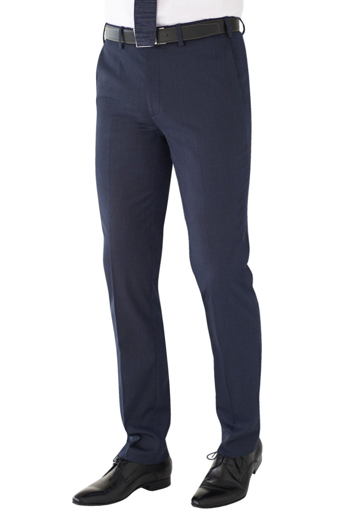 Model Wearing Pegasus Men's Slim Fit Trousers 8754 in Navy Pin Dot