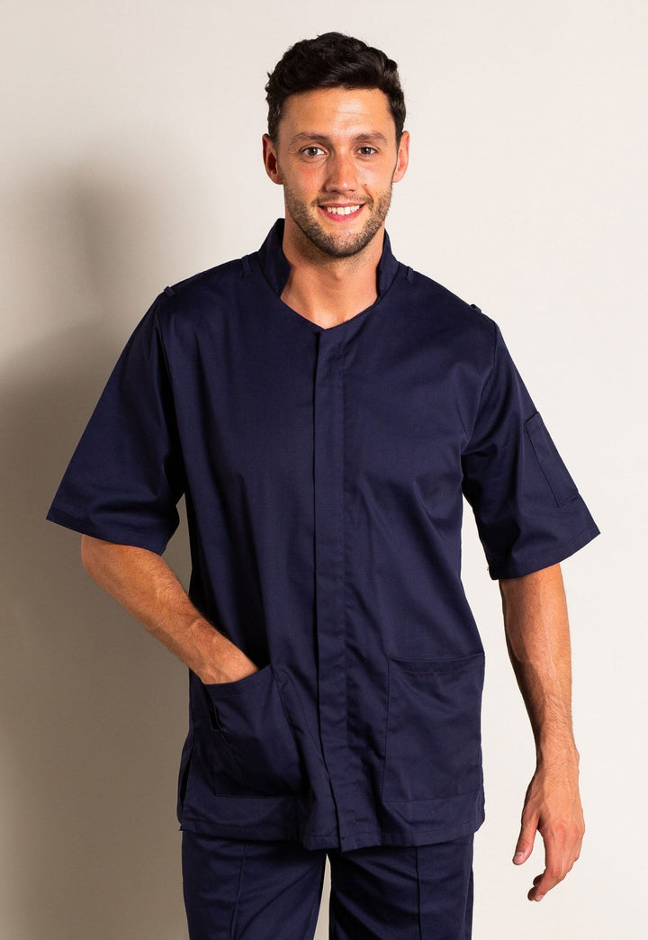 Model Wearing Men's Mandarin Collar Healthcare Tunic NMT-N in Navy