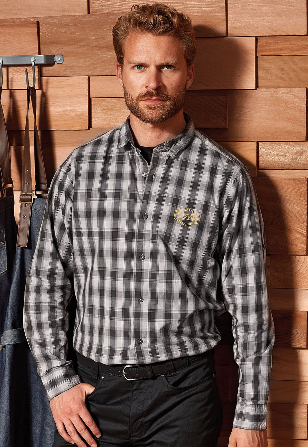 Model Wearing Mulligan Check Cotton Long Sleeve Shirt PR250 in Steel/Black