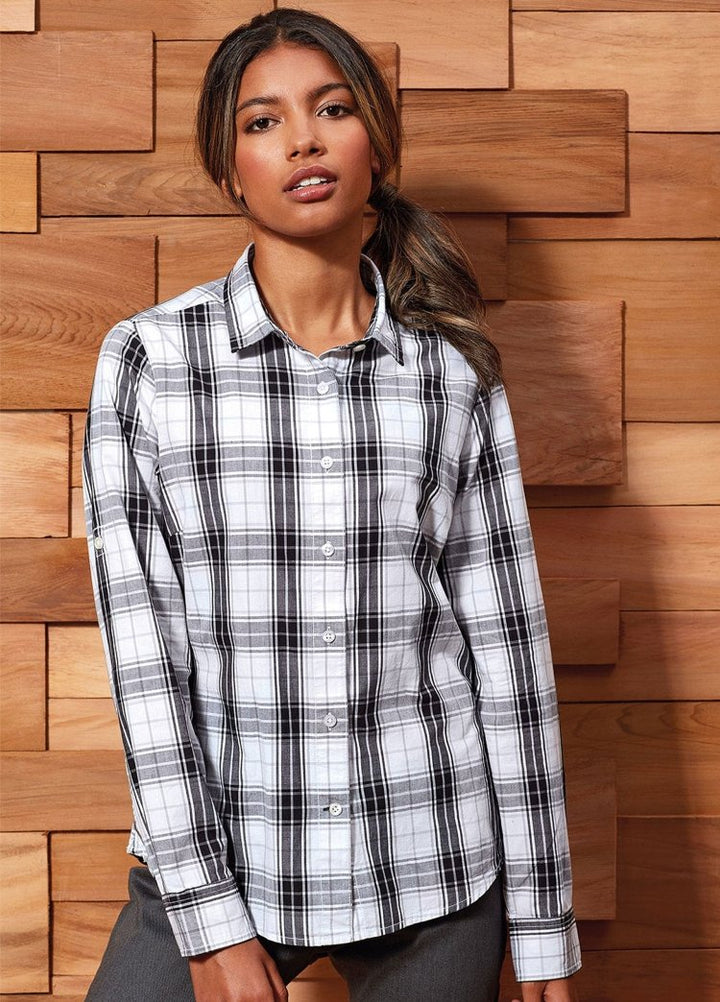 Women's Ginmill Check Cotton Long Sleeve Shirt PR354 in Black/White Check