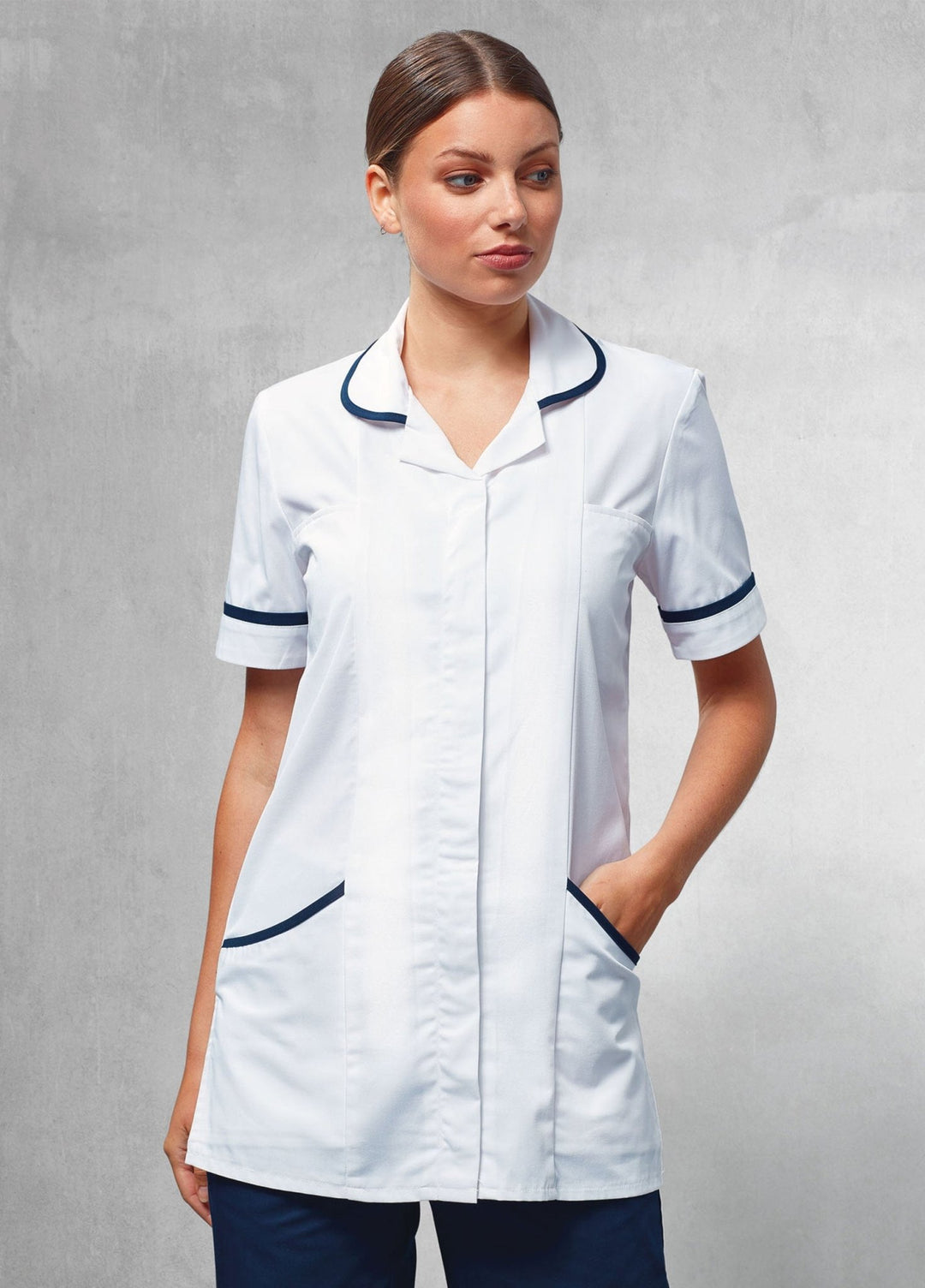 Model Wearing Women's Vitality Healthcare Tunic PR604 in White/Navy