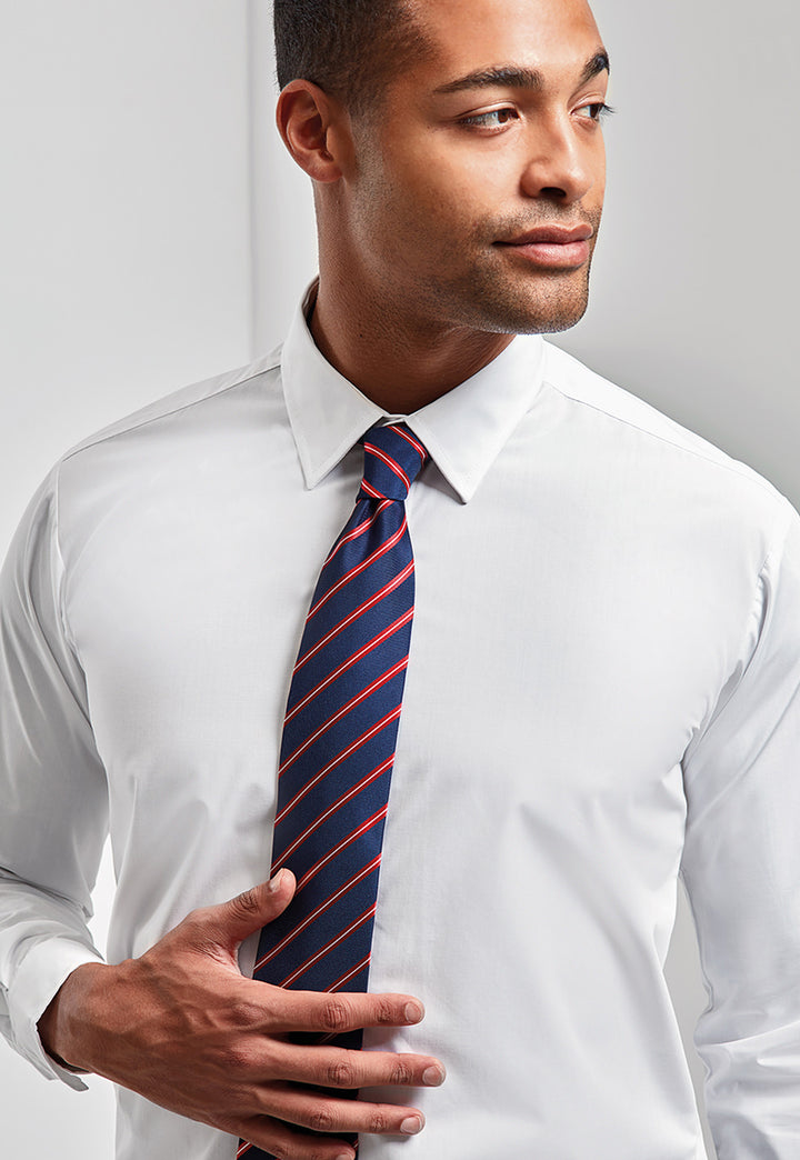 Model Wearing Sports Stripe Tie PR784 in Navy/Red Stripe