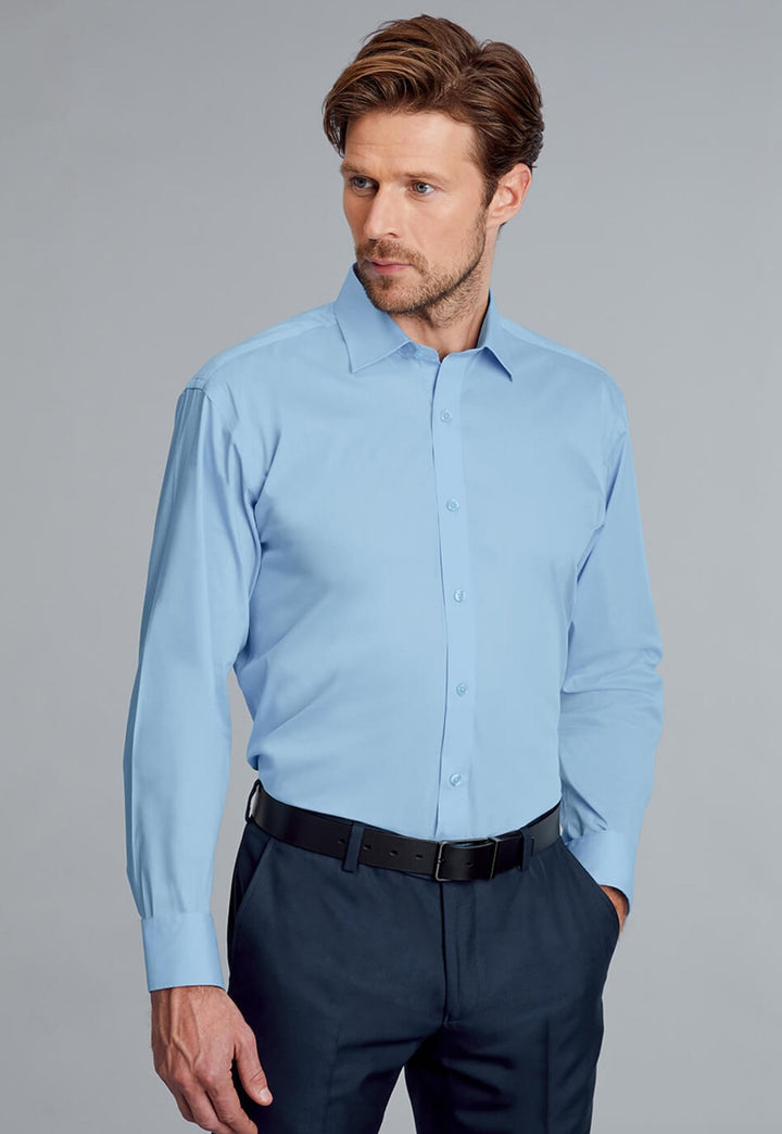 Model Wearing Tramore Tailored Fit Long Sleeve Shirt in Light Blue