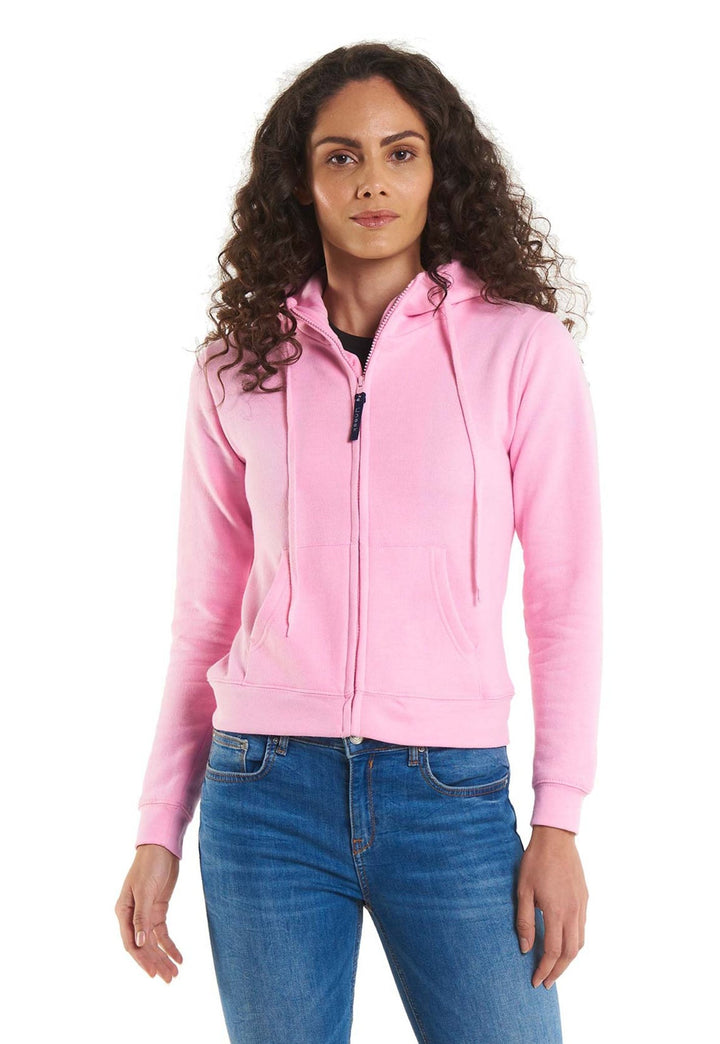 Model Wearing Ladies Classic Full Zip Hooded Sweatshirt UC505 in Pink