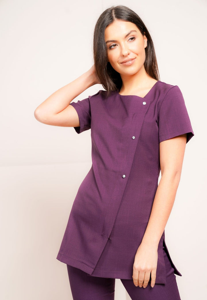 Model Wearing Beau Crystal Button Fastening Tunic in Plum