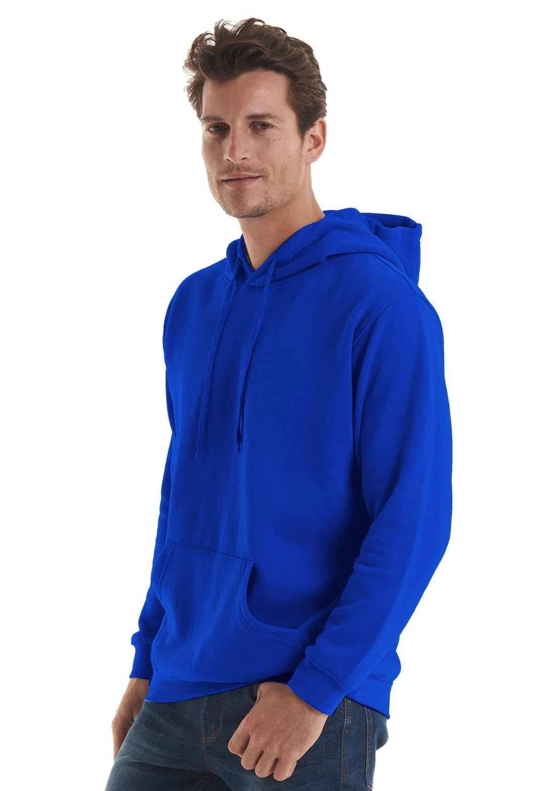 Model Wearing UC502 Classic Hooded Sweatshirt in Royal Blue