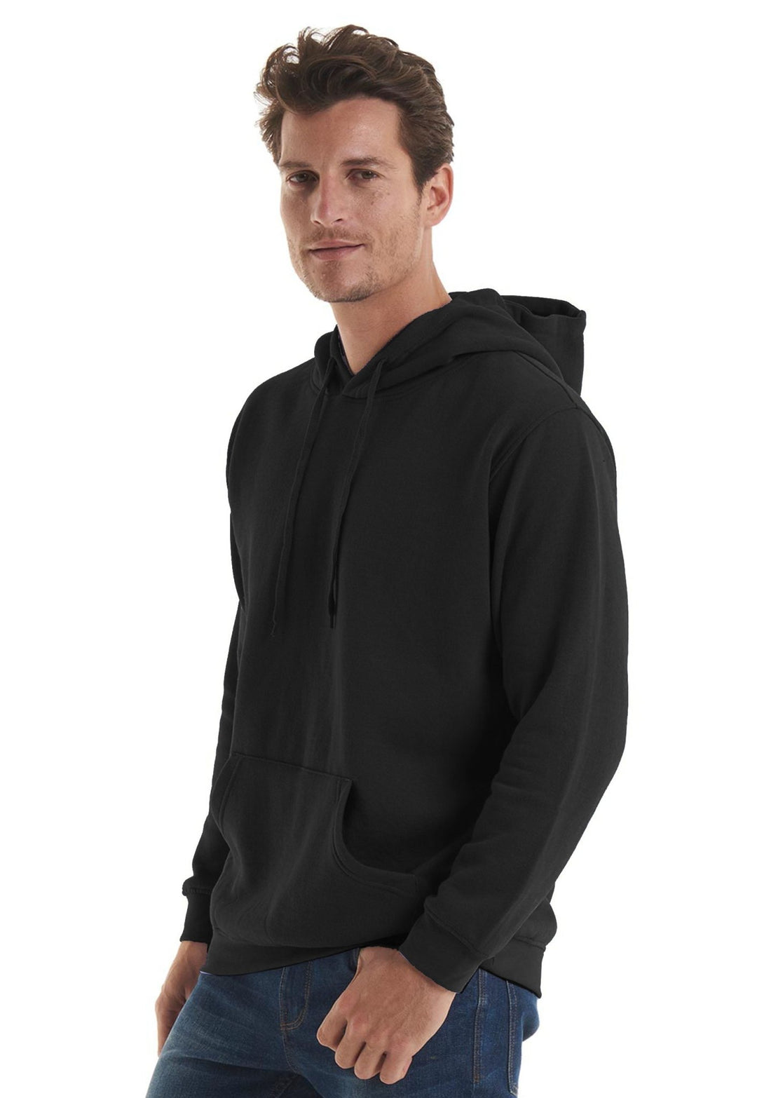 Model Wearing UC502 Classic Hooded Sweatshirt (Dark Colours) in Black