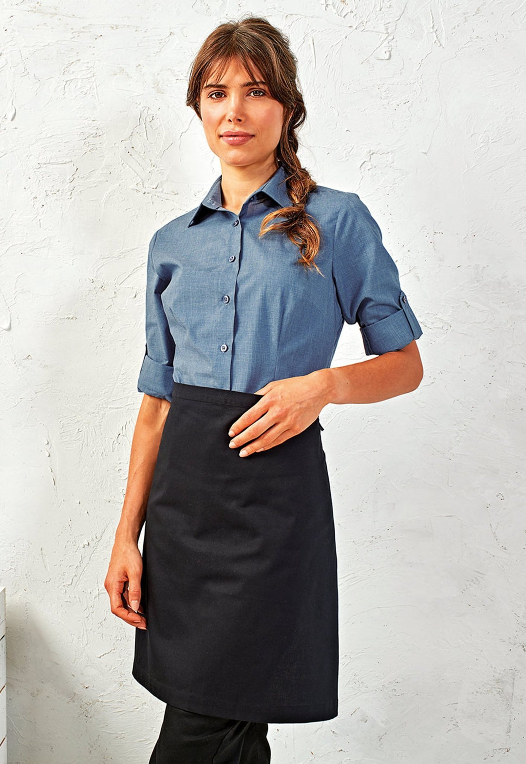 Model Wearing Cotton Waist Apron Organic Fairtrade Certified PR114 in Black