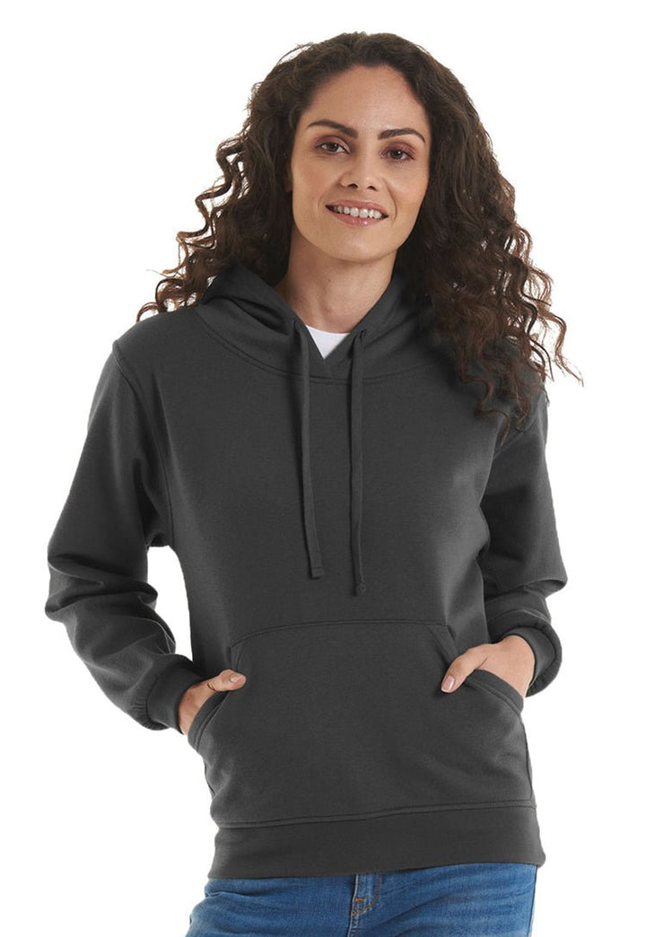 Model Wearing Ladies Deluxe Hooded Sweatshirt UC510 in Charcoal