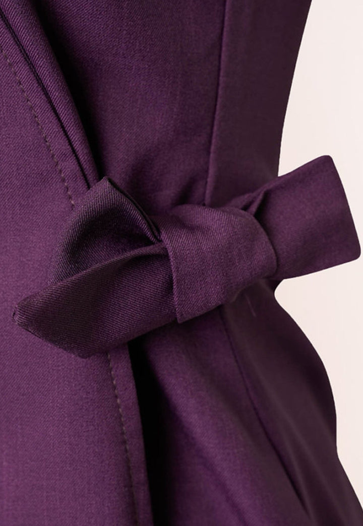 Bow Detail of Elena Wrap Over Salon Dress in Plum