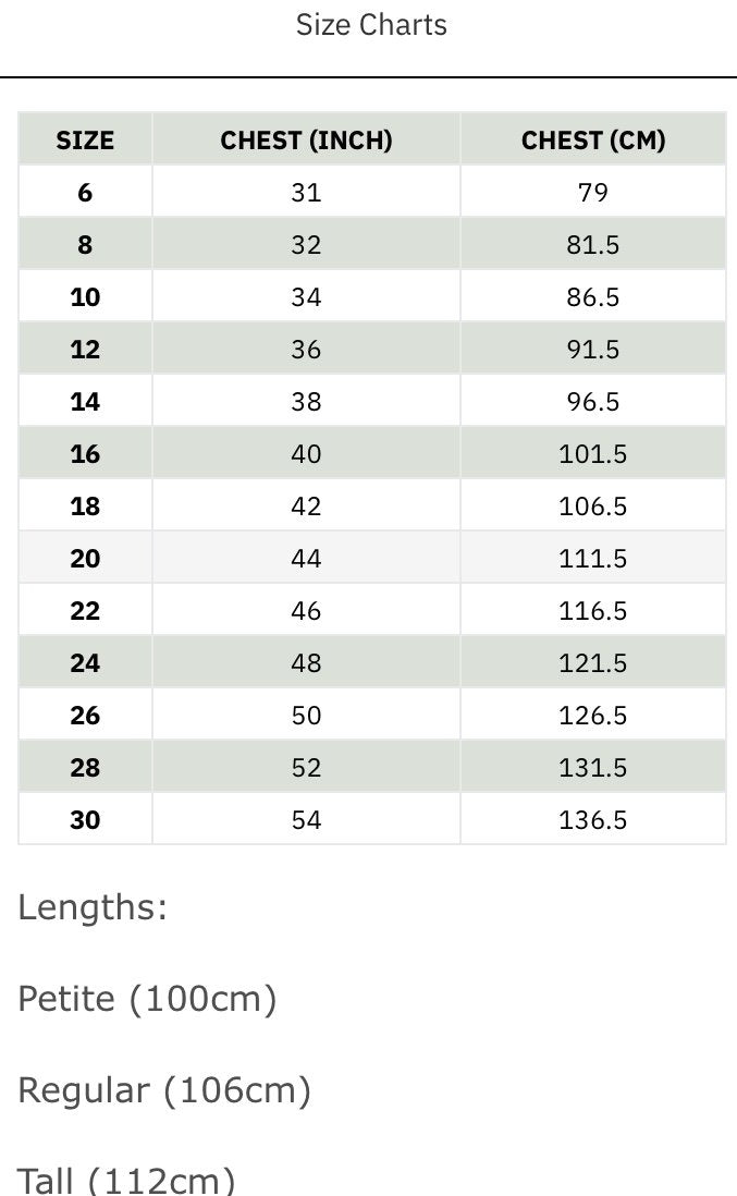 Behrens Size Chart Showing Chest and Length Measurements in Inches and cm From Size 6 to 30