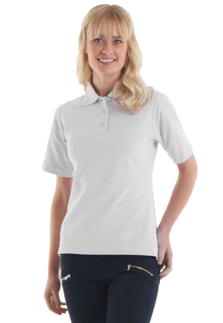 Model Wearing Ladies Classic Polo Shirt UC106 in White