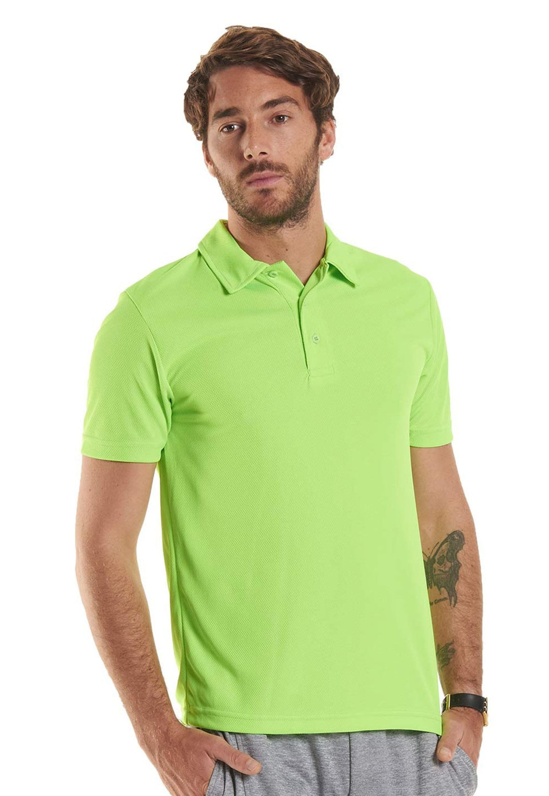 Model Wearing Men's Ultra Cool Polo Shirt UC125 in Electric Green