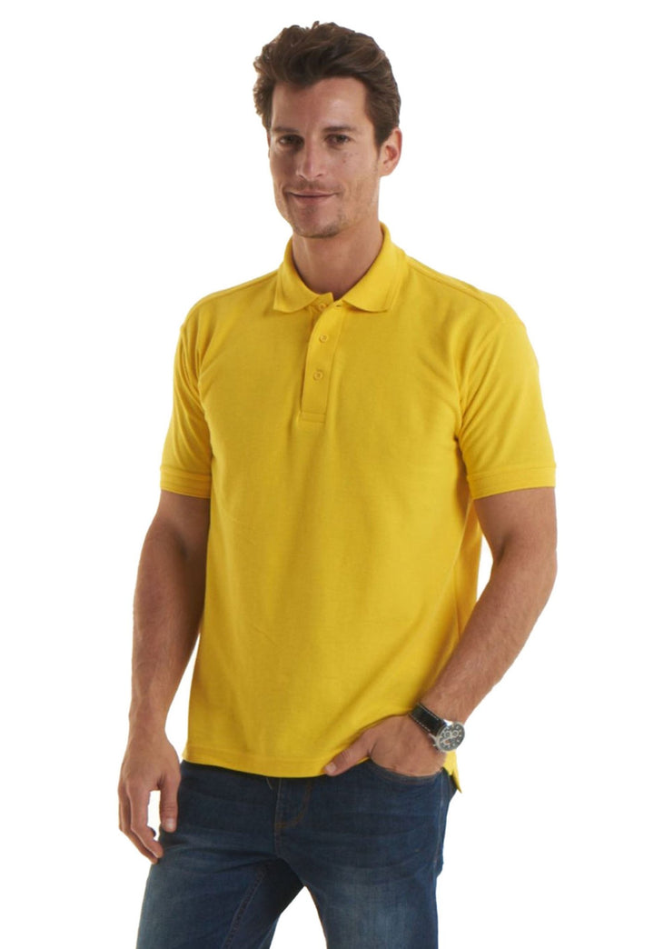 Model Wearing Premium Polo Shirt UC102 in Yellow