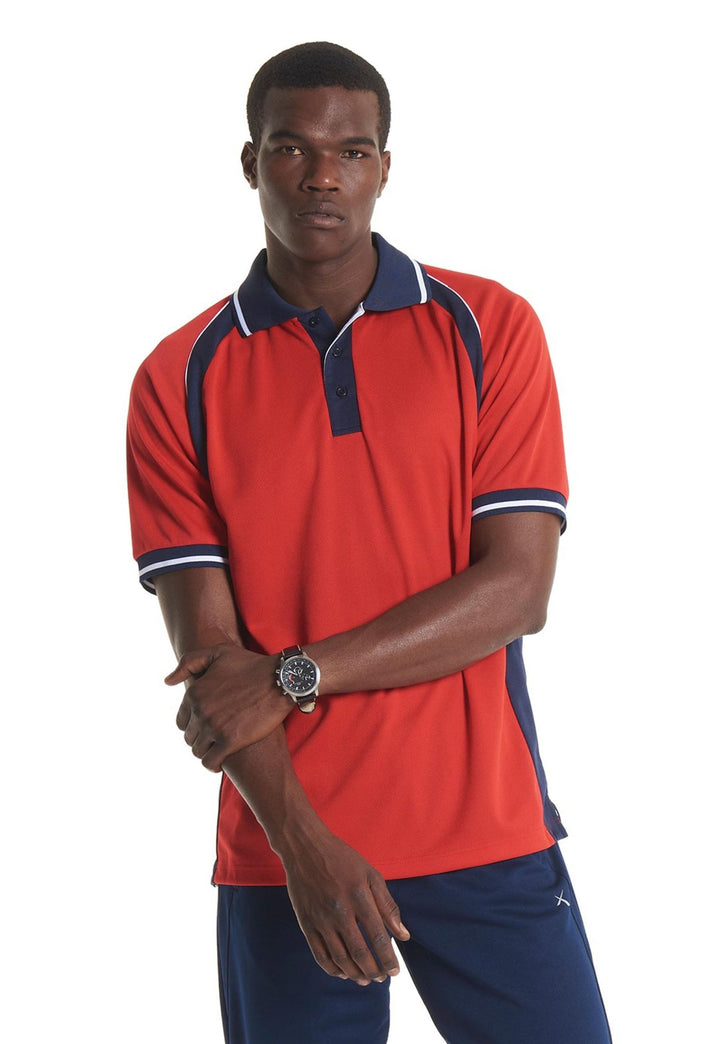 Model Wearing Sports Polo Shirt UC123 in Navy/Red