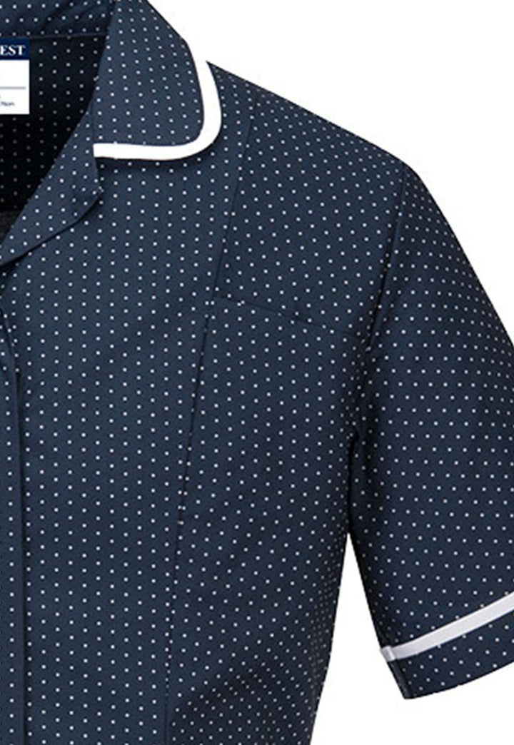 Collar Detail of LW19 Stretch Classic Care Home Tunic in Navy/Polka Dot