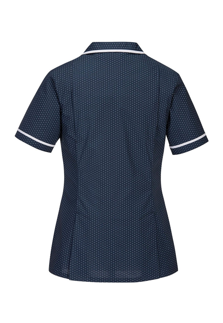 Back View of LW19 Stretch Classic Care Home Tunic in Navy/Polka Dot