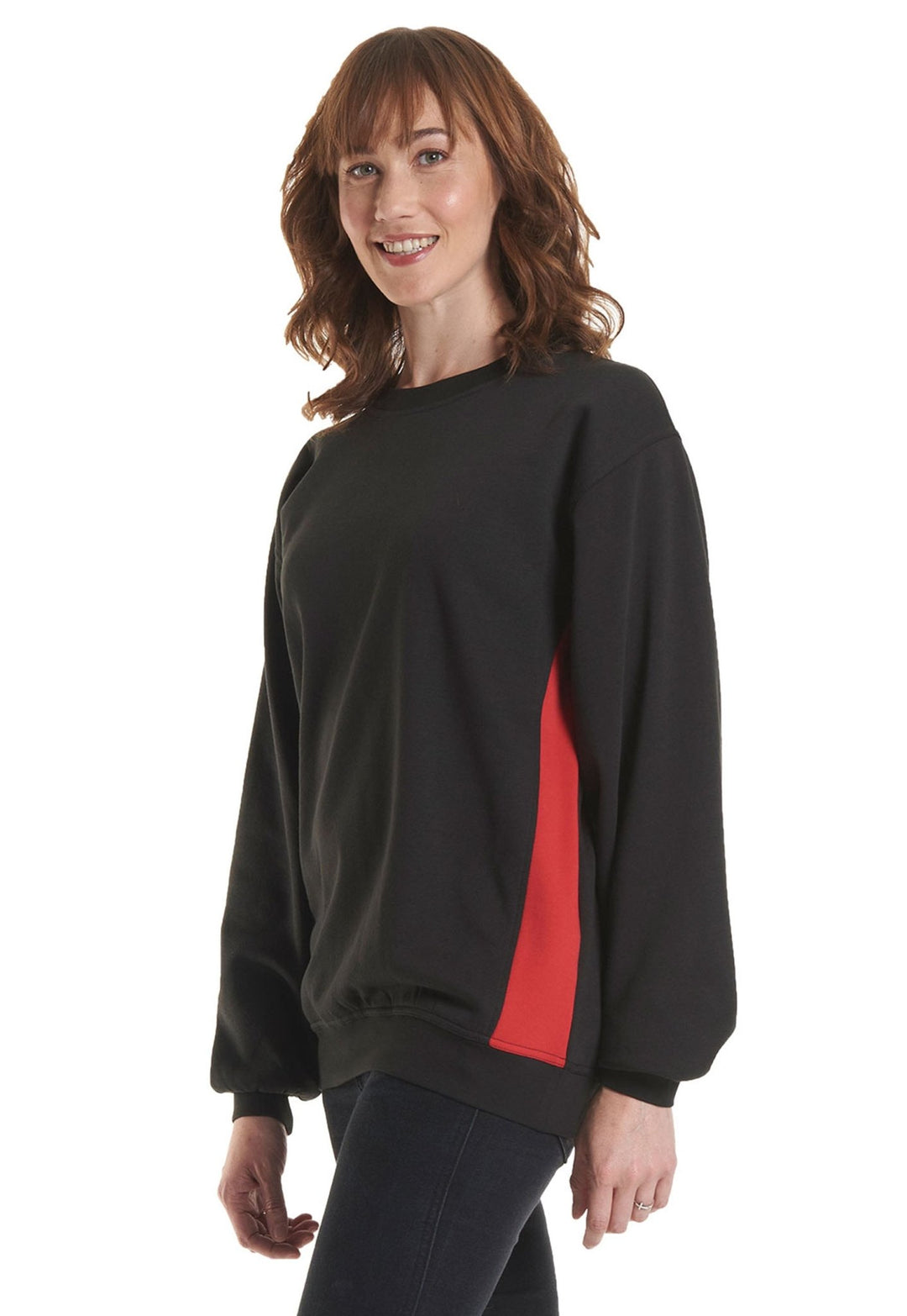 Model Wearing Two Tone Crew Neck Sweatshirt in Black/Red