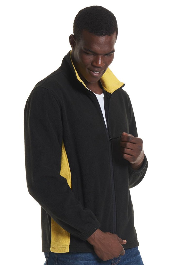 Model Wearing Two Tone Full Zip Fleece Jacket UC617 in Black/Yellow