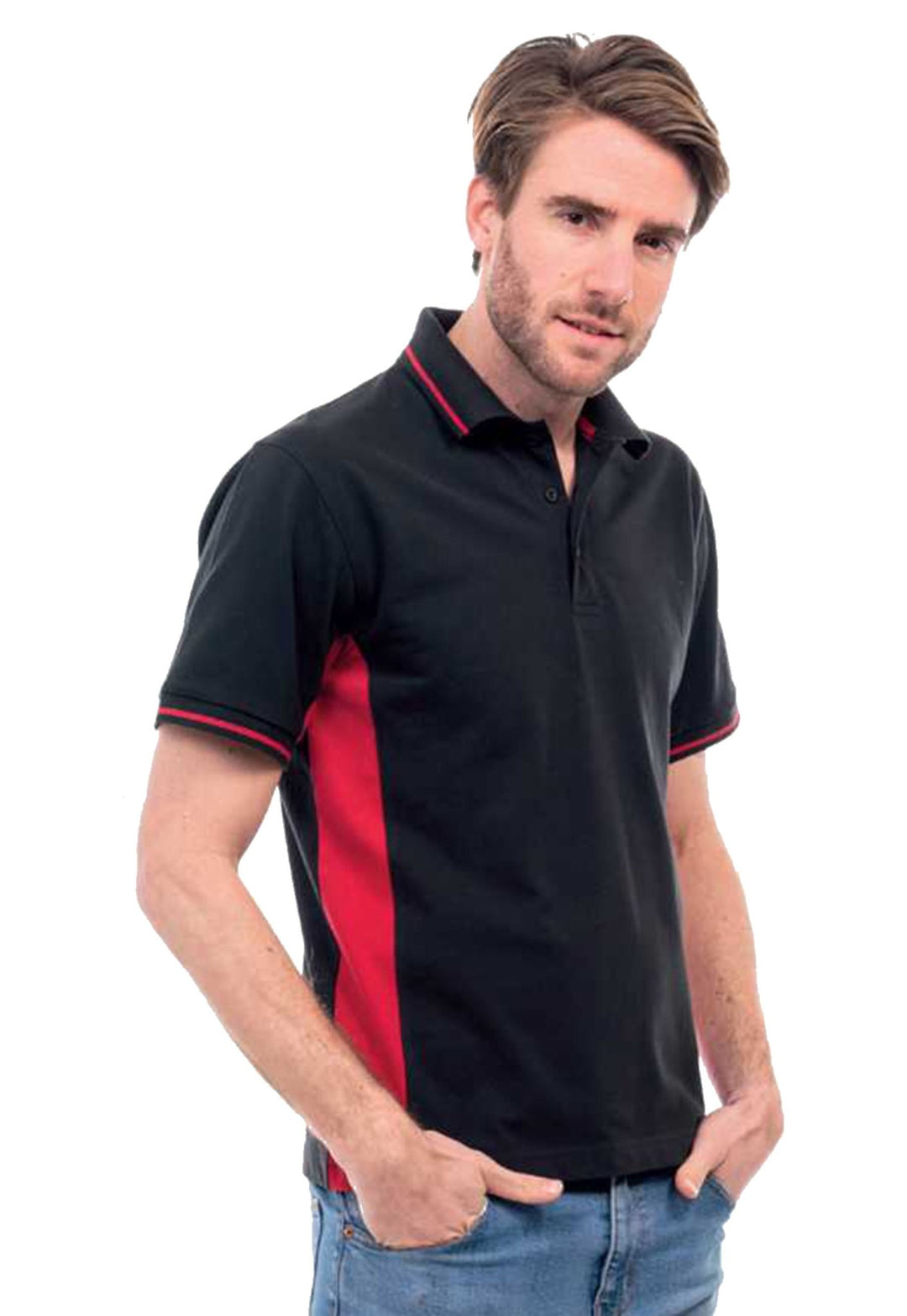 Model Wearing Two Tone Polo Shirt UC117 in Black/Red