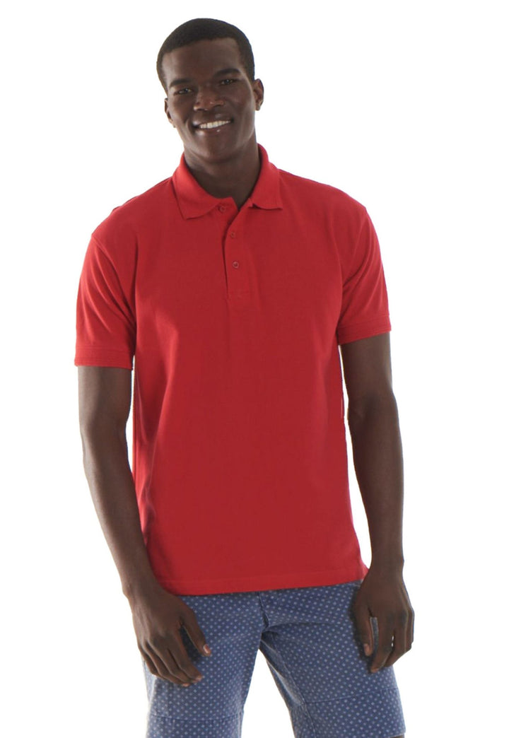 Model Wearing Ultimate Cotton Polo Shirt UC104 in Red